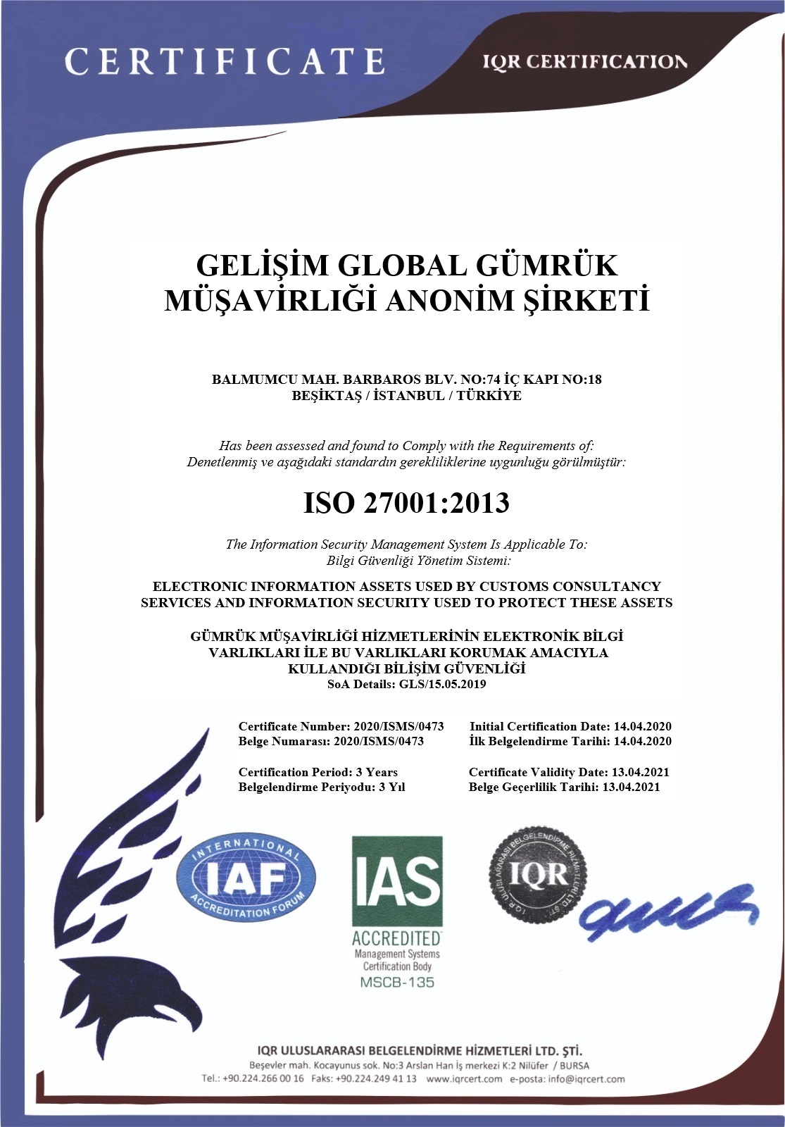 Gelişim Global Gümrük Müşavirliği ISO 27001 Sertifikası